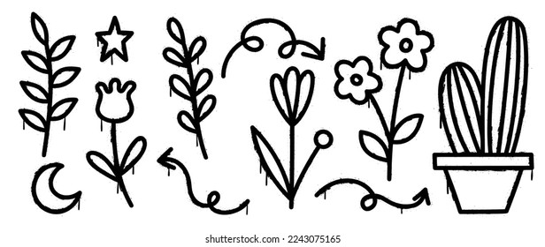 Set of graffiti spray pattern vector illustration. Collection of spray texture leaf branch, flowers, crescent moon, cactus and arrows. Elements on white background for banner, decoration, street art.