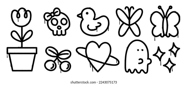 Set of graffiti spray pattern vector illustration. Collection of spray texture flower, cherry, skull, heart, butterfly, duck, ghost. Elements on white background for banner, decoration, street art.