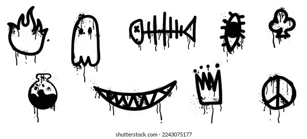 Set of graffiti spray pattern vector illustration. Collection of spray texture flame, ghost, poison, fish bone, eye, crown, club. Elements on white background for banner, decoration, street art.