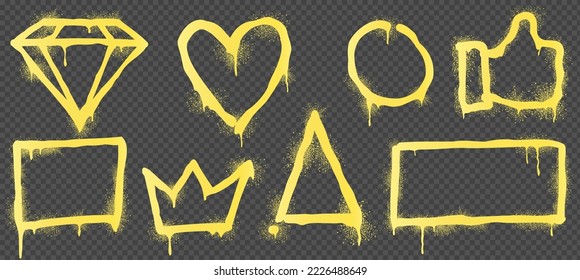 Set of graffiti spray pictures isolated on transparent background. Yellow paint diamond, heart, circle, like icon, crown, square, triangle and rectangle frames png. Realistic vector illustration