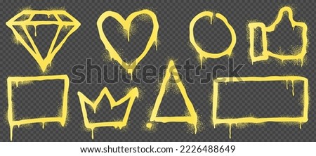 Set of graffiti spray pictures isolated on transparent background. Yellow paint diamond, heart, circle, like icon, crown, square, triangle and rectangle frames png. Realistic vector illustration