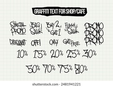 Set of graffiti spray text for Shop or Cafe. Isolated Graffiti Text