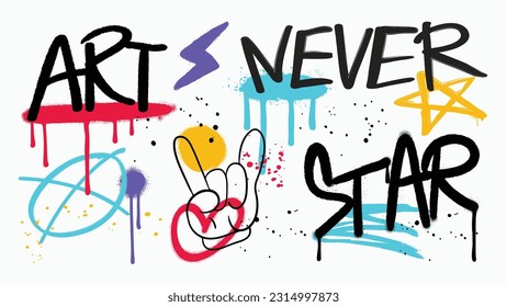 Set of graffiti spray vector. Collection of colorful symbols, scribble, hand posse, words, star, bolt with messy spray texture. Elements on white background for banner, decoration, street art and ads.