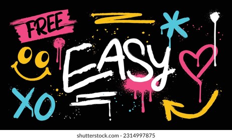 Set of graffiti spray vector. Collection of colorful symbols, scribble, arrow, words, heart, smile, with messy spray texture. Elements on black background for banner, decoration, street art and ads.