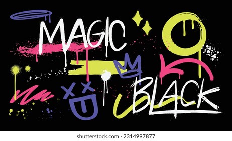 Set of graffiti spray vector. Collection of colorful symbols, scribble, arrow, words, crown, smile, with messy spray texture. Elements on black background for banner, decoration, street art and ads.