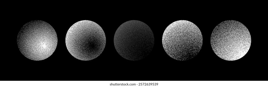 Set of grain dot spheres with shades of grey on the black background