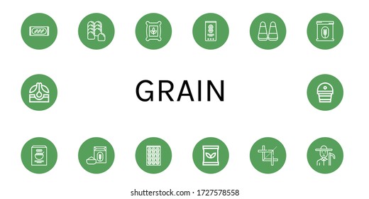 Set of grain icons. Such as Bread, Seeds, Peanut, Corn, Flour, Bagel, Seed bag, Crop, Farmer, Seed, Fertilizer , grain icons