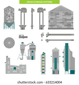 Set Of Grain Storage Equipment: Flat Bottom Silo, Hopper Tank, Grain Bin, Chain Conveyor, Bucket Elevator,  Cleaner, Dryer. Vector Illustration In Flat Style.