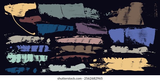 Set of grainy colored brush stroke, spray texture. Hand drawn distress damaged edge banner with vector bold line. Collection of template grainy bold ink brush strokes texture with scattered tiny dots.