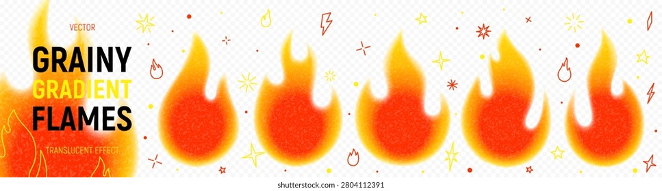 Set of Grainy Gradient Fire Flames. Burning red, orange and yellow blaze. Bright fire flames templates with blur edges and grainy texture isolated on light background. Fire flames icons collection.