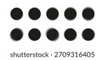Set of grainy stipple circles with soft halftone fade and noise texture. Abstract round dots for shading, retro effects, tattoo style, airbrush designs and graphic overlays
