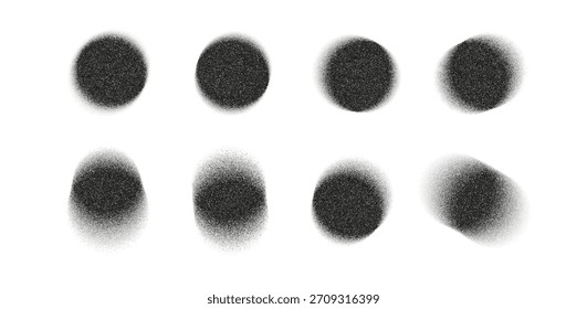 Set of grainy stipple circles with soft halftone noise and gradient fade. Abstract round textures for retro designs, shading, overlays, graphic effects and vintage layouts