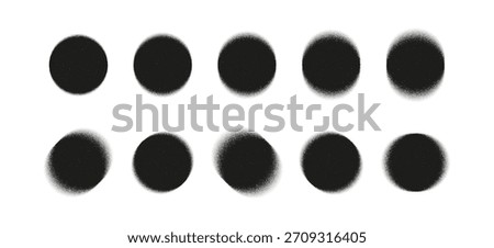 Set of grainy stipple circles with soft halftone fade and noise texture. Abstract round dots for shading, retro effects, tattoo style, airbrush designs and graphic overlays