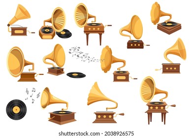 Set Gramophone Player, Phonograph and Vinyl Disks, Antique Equipment for Listening Music, Isolated Vintage Classic Audio and Sound Player and Melody Tunes Elements. Cartoon Vector Illustration, Icons