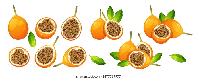 Satz von Granadillafrüchten.Granadilla oder gelbe Passionsfrucht mit halbierten Blättern, Scheiben.Vektorillustration.