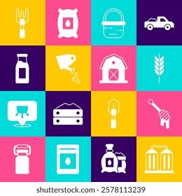 Set Granary, Honey dipper stick, Wheat, Basket, Watering can, Bottle with milk, Garden rake and Farm house icon. Vector