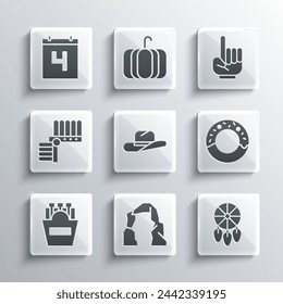 Set Grand canyon, Dream catcher with feathers, Donut, Western cowboy hat, Potatoes french fries in box, Indian headdress, Calendar date July 4 and Number 1 one fan hand glove icon. Vector