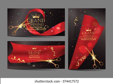 Set of grand opening banners with red ribbons and gold scissors