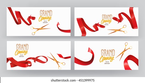 Set of GRAND OPENING banners with red silk ribbons  and scissors