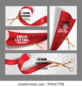 Set of grand opening cards with gold  scissors and red ribbons