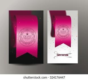 Set of grand opening cards with pink ribbons and confetti
