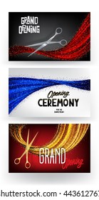 Set of grand opening cards with sparkling ribbons  and scissors
