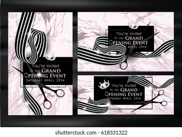 Set of Grand opening cards with striped ribbons and marble background. Vector illustration