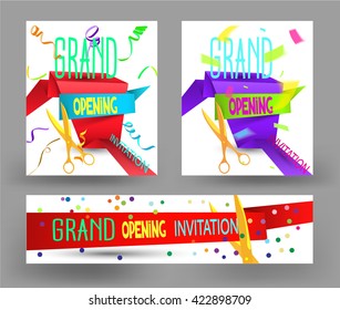 Set of Grand Opening colorful flat vector cards with paper ribbon, confetti, ticker tapes