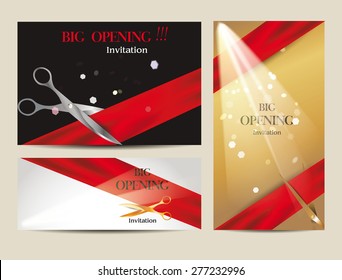 Set of Grand opening invitation card with spotlights, red ribbons and scissors