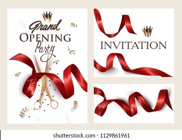 Set of grand opening invitation cards with red ribbons. Vector illustration