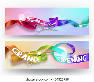 Set of grand opening invitation cards with colorful holographic ribbons. Vector illustration