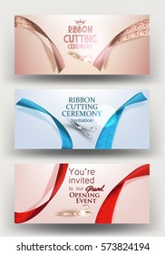 Set of grand opening invitation cards with silk ribbons and scissors. vector illustration
