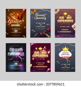 Set Of Grand Opening Party Flyer Design With Event Details On Gray Background.