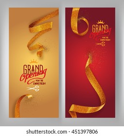 Set of grand opening vertical banners with gold sparkling ribbons. Vector illustration