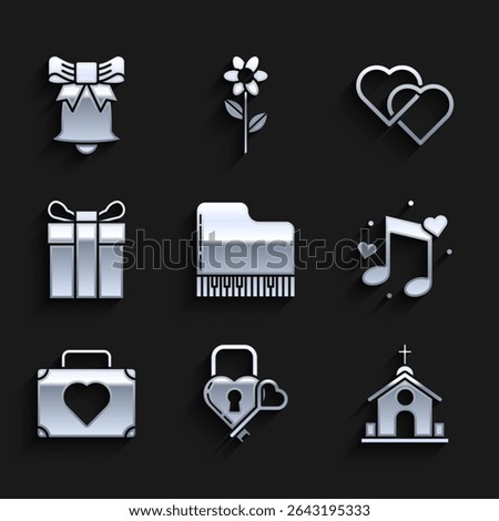 Set Grand piano, Castle in the shape of heart key, Church building, Music note, tone with hearts, Suitcase for travel, Gift box, Two Linked Hearts and Ringing bell icon. Vector