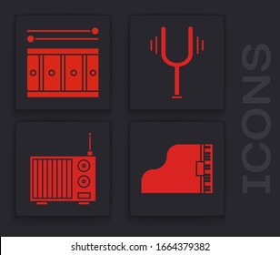 Set Grand piano, Drum with drum sticks, Musical tuning fork and Radio with antenna icon. Vector