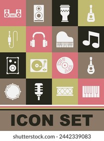 Set Grand piano, Guitar, Music note, tone, Drum, Headphones, Audio jack, Home stereo and  icon. Vector