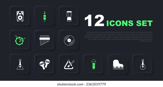 Set Grand piano, Guitar, Pan flute, Microphone, Drum with drum sticks, Maracas, Audio jack and Triangle musical instrument icon. Vector