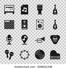 Set Grand piano, Guitar pick, Drum, Stereo speaker, machine, amplifier and  icon. Vector