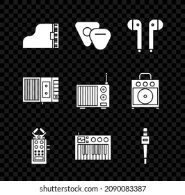 Set Grand piano, Guitar pick, Air headphones, Microphone, Music synthesizer, tape player and Radio with antenna icon. Vector
