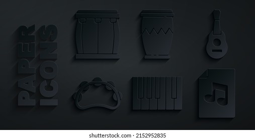 Set Grand piano, Guitar, Tambourine, Music book with note, Drum and  icon. Vector