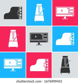 Set Grand piano, Metronome with pendulum in motion and Video recorder or editor software on monitor icon. Vector