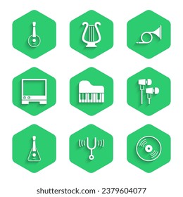 Set Grand piano, Musical tuning fork, Vinyl disk, Air headphones, Guitar, Voice assistant, Trumpet and Banjo icon. Vector