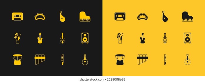 Conjunto Piano de cola, flauta de cacerola, violín, flauta, bajo eléctrico, Bandura, cinta de casete de audio retro e icono de pandereta. Vector