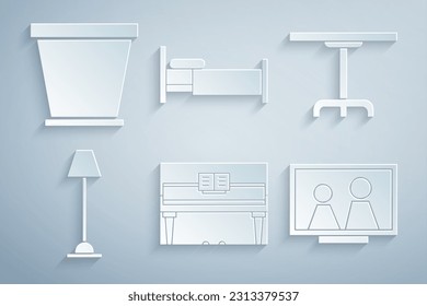 Fija el piano de fondo, la mesa redonda, la lámpara del suelo, el marco de imagen puesto, el icono de la cama y la maceta de flores. Vector