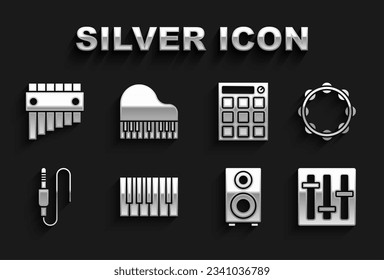 Set Grand piano, Tambourine, Sound mixer controller, Stereo speaker, Audio jack, Drum machine, Pan flute and  icon. Vector