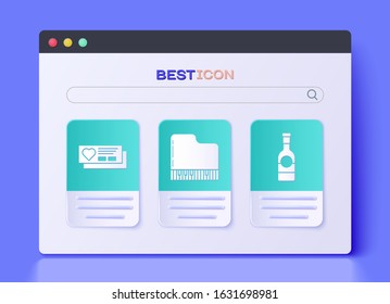 Set Grand piano, Ticket with heart and Champagne bottle icon. Vector