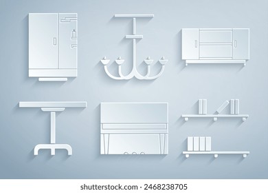 Set Grand piano, TV table stand, Round, Shelf with books, Chandelier and Shower cabin icon. Vector