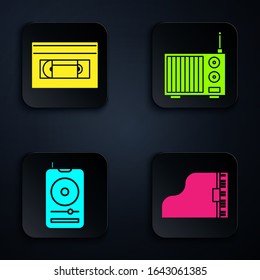 Set Grand piano, VHS video cassette tape, Music player and Radio with antenna. Black square button. Vector