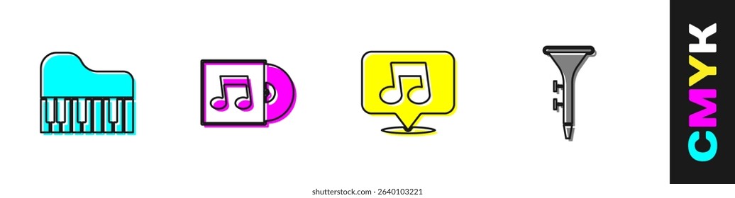 Set Grand piano, Vinyl disk, Music note, tone and Drum drum sticks icon. Vector
